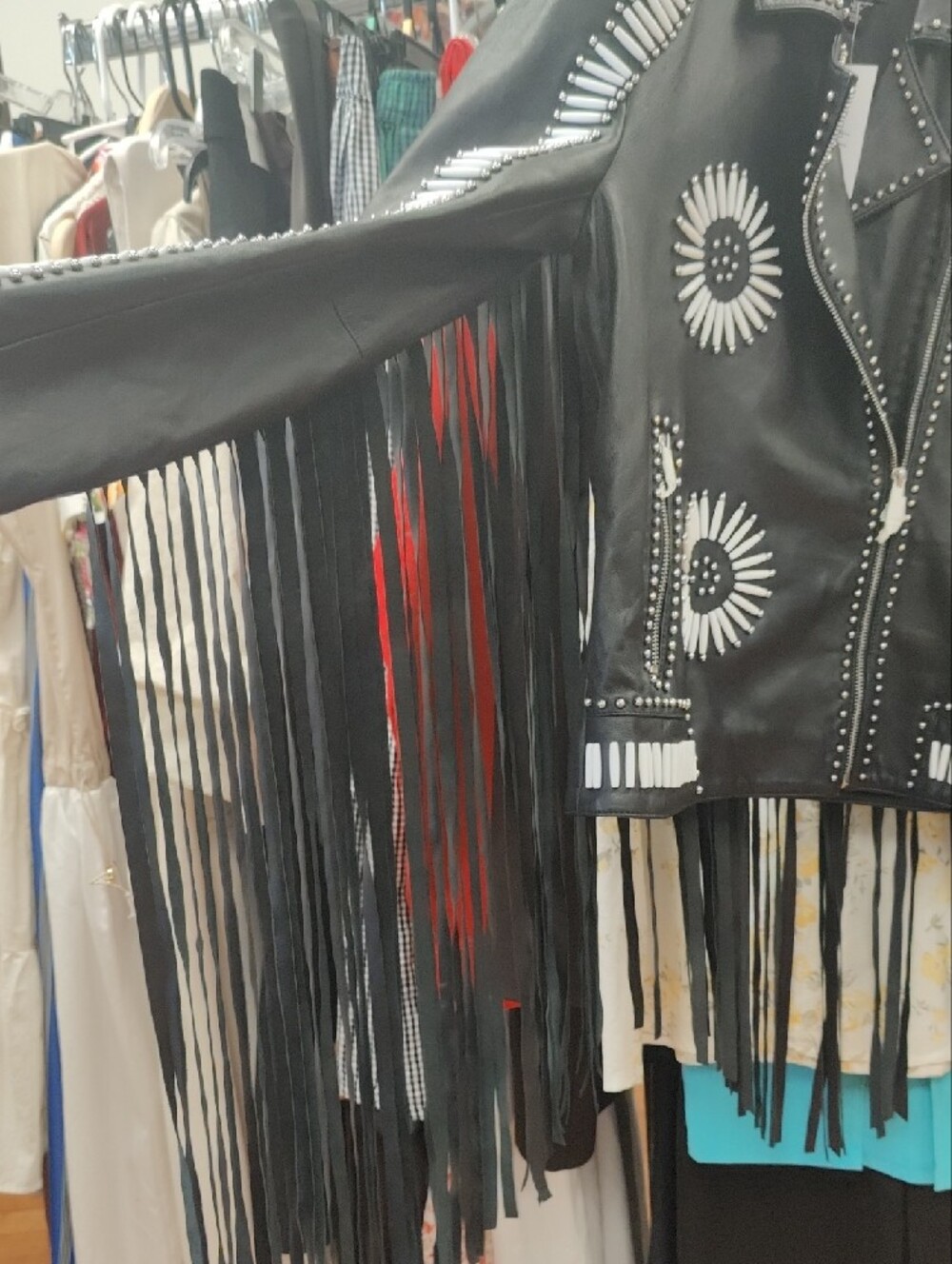 Nasty Gal Geunine Black Leather Moto Jacket with White Stud Sunburst Details - Picture 2 of 11